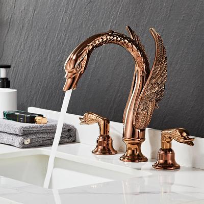 Widespread Bathroom Sink Mixer Faucet, 2 Handle 3 Holes Basin Taps Swan Noble Luxury Golden and Oil-rubbed Bronze Bath Taps