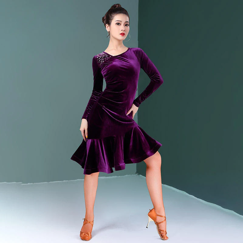 Performance Dance Wear Line Dance Kleidung sexy V-Ausschnitt Pailletten Fischgräten lila lange Kleider für Frauen Kostüm Latin Anzug Kleid