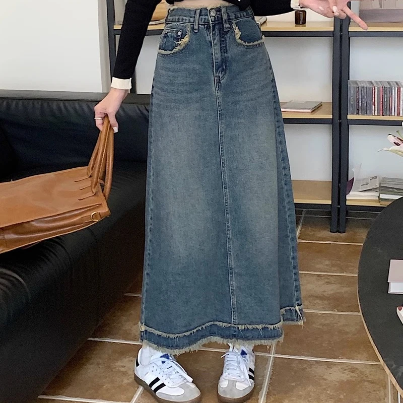 Frauen Neue Vintage Hohe Taille EINE Linie Röcke Mädchen Gothic High Street Denim Kleid Weibliche Mode Retro Blau Blau Grau Jeans Röcke