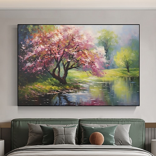 Handgemalte Leinwand Ölgemälde Kirschblüten Wandkunst Landschaft Blütenbaum rustikale Leinwand extra großes Dekor Geschenk kein Rahmen Image