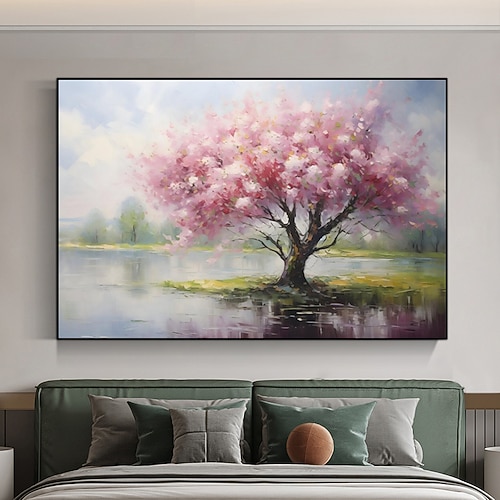 Handgemalte Leinwand Ölgemälde Kirschblüten Wandkunst Landschaft Blütenbaum rustikale Leinwand extra großes Dekor Geschenk kein Rahmen Image