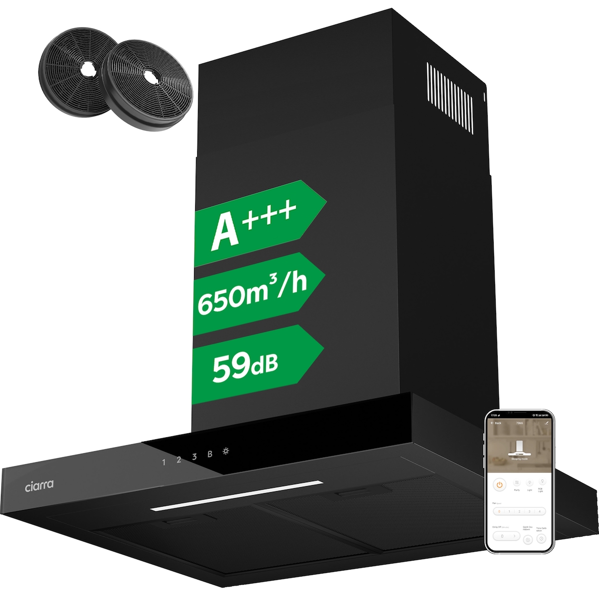 CIARRA A+++ 650 m³/h Dunstabzugshaube 60cm Wandhaube WIFI +APP & Touch Control Boost VMB6102 Image