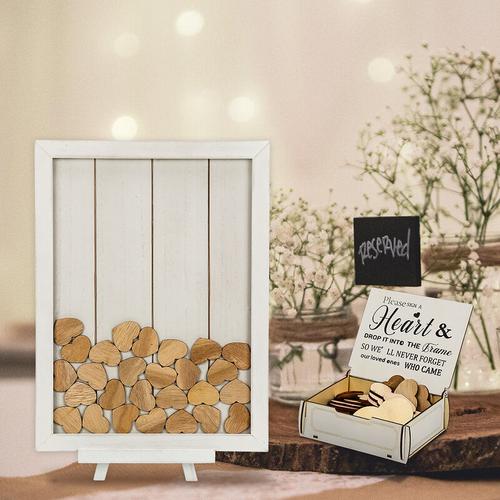 VINGO Gästebuch Bilderrahmen Hochzeitsgeschenk Hochzeit weiß mit 80 Holz Herzen Holz Holzrahmen