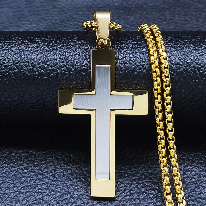 YQ Edelstahl Splice Kreuz Anhänger Halskette für Männer Frauen religiöse Schmuck Zubehör mit 60 cm Kette Image