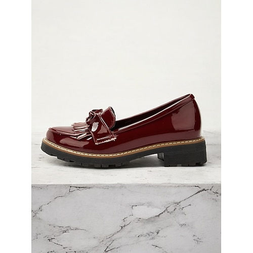 Burgunderrote Loafer aus Lackleder für Damen mit Fransenquastendetail und klobigem Absatz, perfekt fürs Büro und lässige Outfits Image