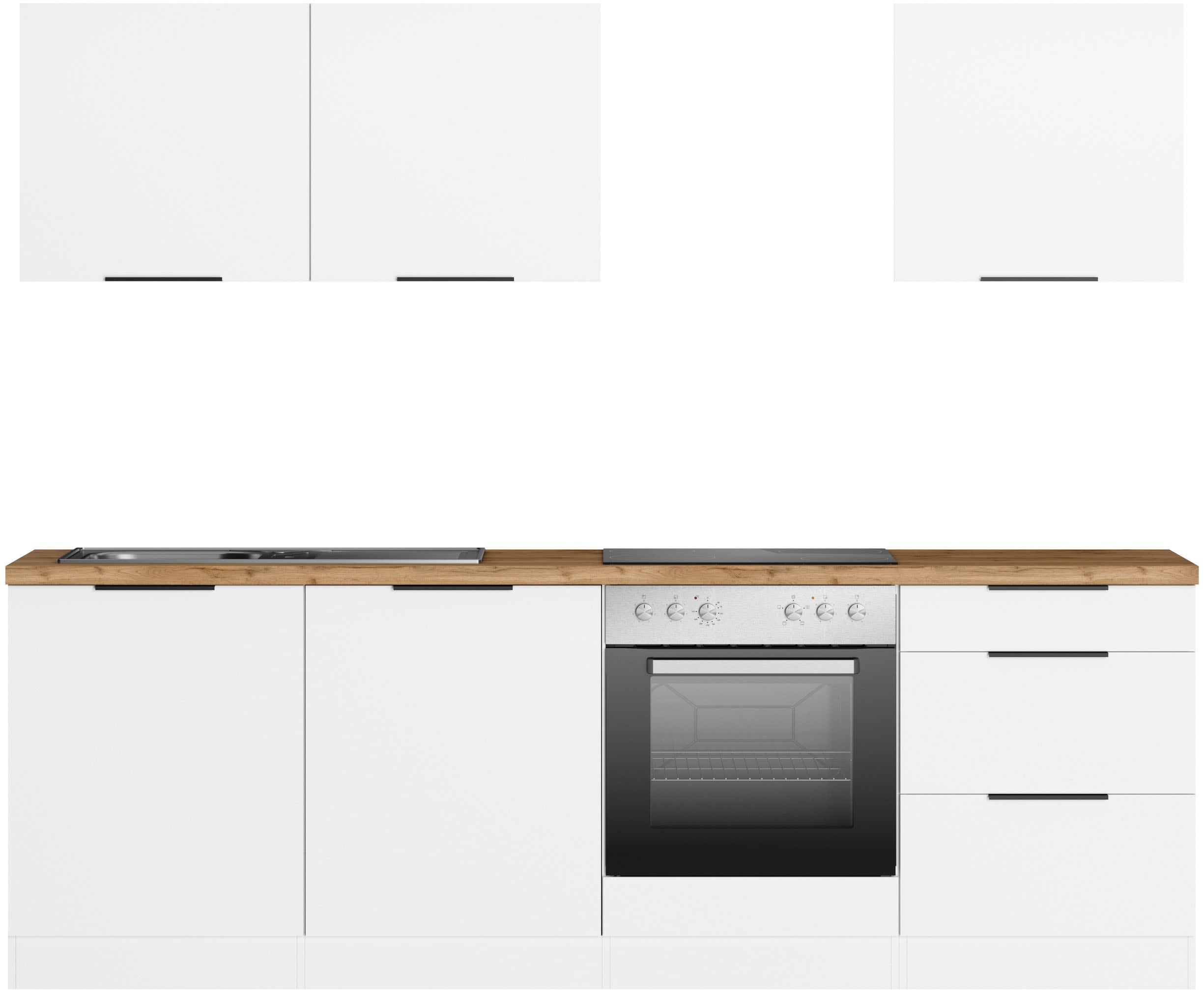 Küchenzeile KOCHSTATION "KS-Lagos2, Breite 240 cm", weiß (küche: weiß, front: weiß, korpus: weiß, arbeitsplatte: wotaneichefarben), B:240cm H:200cm T:60cm, Komplettküchen-Sets, Küchenzeile, wahlweise mit E-Geräten, mit 38mm starker Arbeitsplatte Image