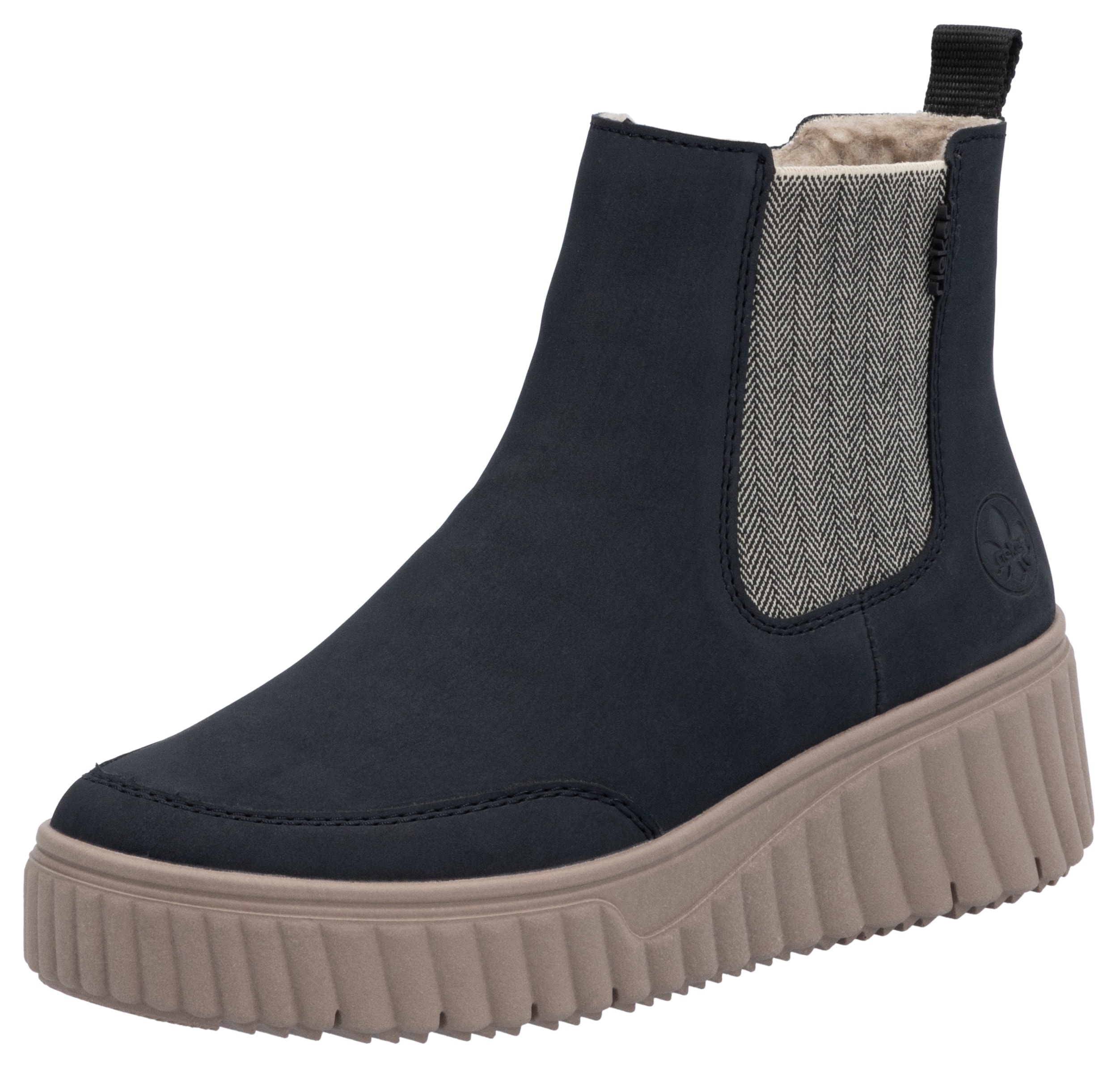 Chelseaboots RIEKER, Damen, Gr. 43, blau (nachtblau), Nubuklederimitat, Schuhe Chelseaboots, Schlupfboots, Keilstiefelette mit Anziehlasche, Topseller