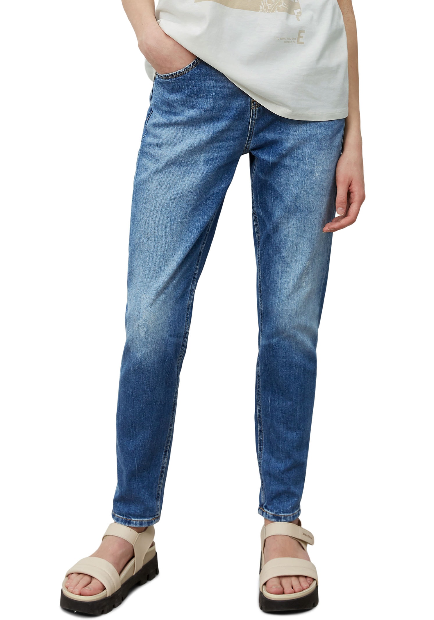 Boyfriend-Jeans MARC O'POLO DENIM "Freja", Damen, Gr. 28, Länge 30, blau (mid blau), Denim/Jeans, Obermaterial: 98% Baumwolle, 2% Elasthan, relaxed fit knöchellang, Jeans, in heller Waschung Image