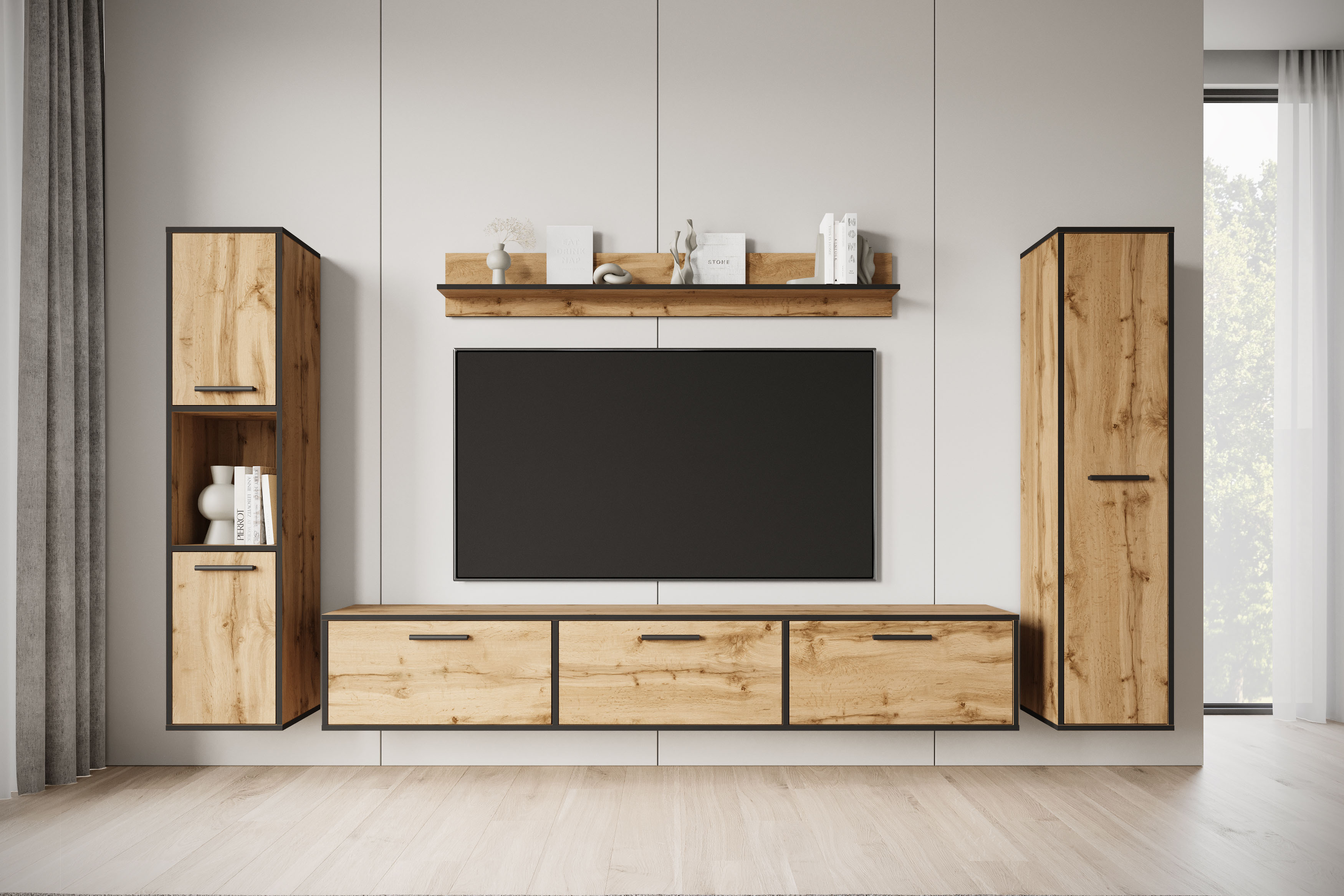 Wohnwand INOSIGN "BOGOTA XL, Vitrine Türanschlag links/rechts wechselbar", beige (eichefarben votan, schwarzen kanten), B:30cm H:130cm T:31cm, Holzwerkstoff, Kunststoff, Kastenmöbel-Sets, viel Stauraum, hängend und stehend montierbar