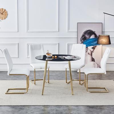 5-Piece Dining Table and Chair Set With Circular Dining Table and Marble Tabletop and Gold-plated Metal Leg Chairs