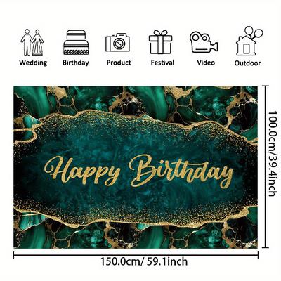 TEMU 1pc, Happy Birthday Photography Backdrop, Vinyl Green Marbled Background Birthday Party Decoration Cake Table Banner Photo Booth Props, Party Supplies, Birthday Supplies Decor