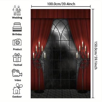 TEMU 1pc, Halloween Photography Backdrop, Vinyl, Retro Gothic Window Red Curtain Vampire Medieval Castle Pattern, Spooky Home Wall Banner Decoration, Halloween Night Party Supplies Studio Photo Booth Props