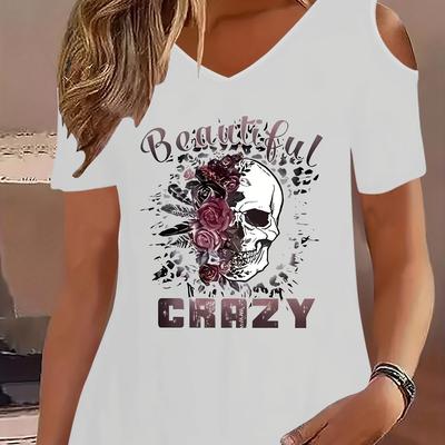 TEMU Skull & Floral Print Cold Shoulder T-shirt, Casual V Neck Short Sleeve Top For Spring & Summer, Women's Clothing