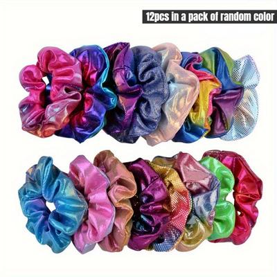 TEMU 12-pack Holographic Glitter Scrunchies, Colorful Dotted Hair Ties, Sweet Ponytail Holders, Hair Accessories For Women, Normal Hair Style