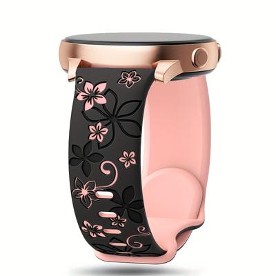 TEMU Floral Engraved Watch Strap For /5/4, Classic/active 2, - 20mm Soft Silicone, Female Design, Butterfly Clasp, No Battery Included