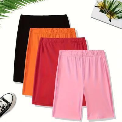 TEMU 4pcs Women's Athletic Shorts - Breathable & Quick-dry Polyester, Waistband, Solid Color (black, Orange, Red, Pink) - Casual & Sports Wear