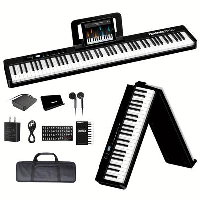 TEMU Terence Piano Keyboard 88 Keys, Semi-weighted Folding Piano Keyboard With Midi Support Wireless Portable Piano With Lcd Screen, 2x5w Speakers, Music Stand, Stickers, Earphones And 1/4'' Sustain Pedal