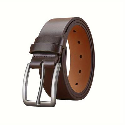 TEMU Elegant Men's Genuine Faux Leather Belt With Square Alloy - , Stretch-resistant For Jeans & Casual Wear