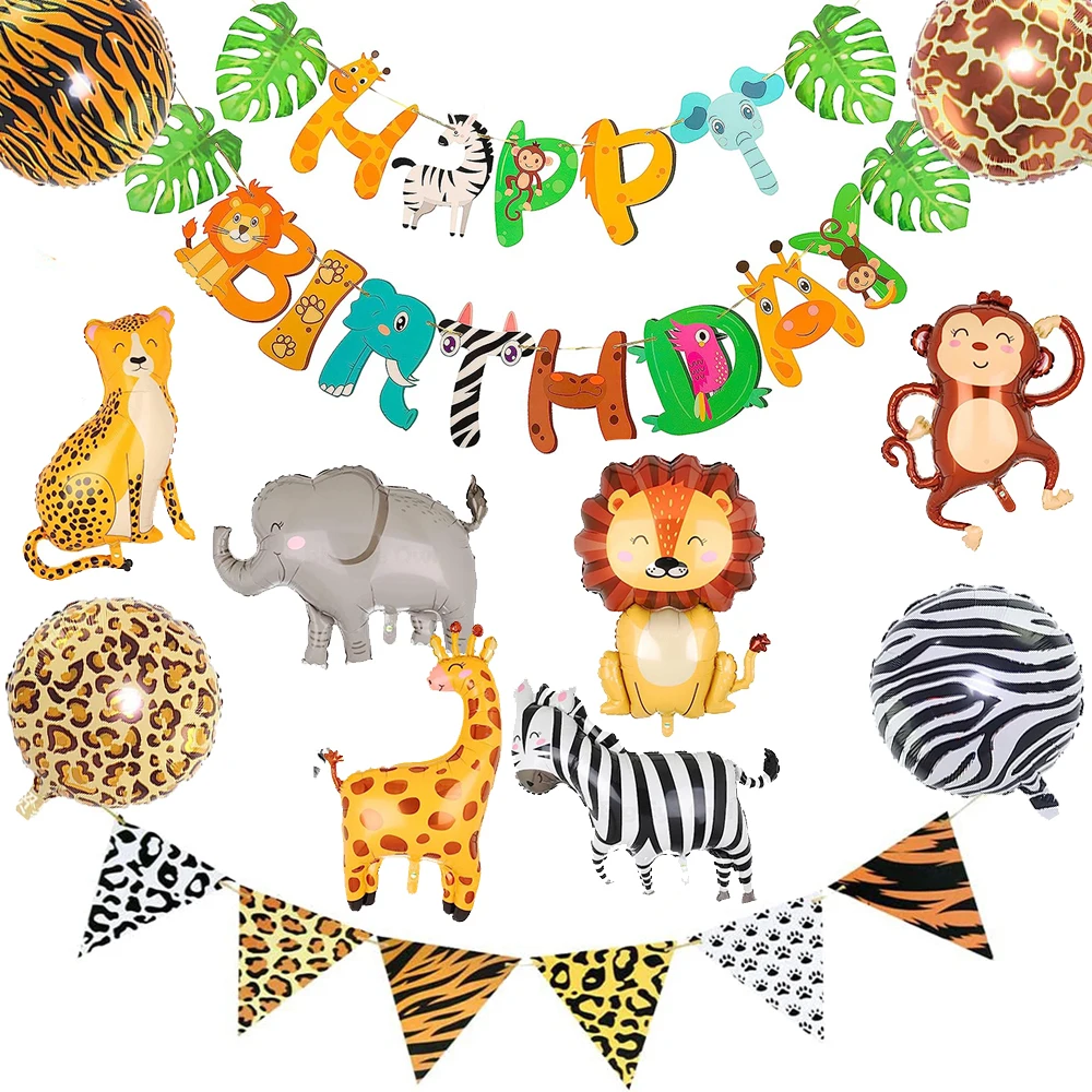Safari-Tiere, alles Gute zum Geburtstag, Banner, Wimpelfolie, Tierballons für Kinder, Dschungel, Safari-Zoo-Thema, Party-Dekoration, Zubehör, Spielzeug Image