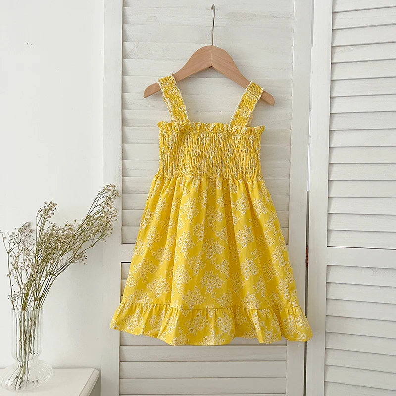 Sommer Mädchen Kleid Baby Square Neck Gelbe Blumen Kleid Ärmellos Rückenfrei Design Kleid Kinder Kleinkind Baby Kleider Kleidung Image