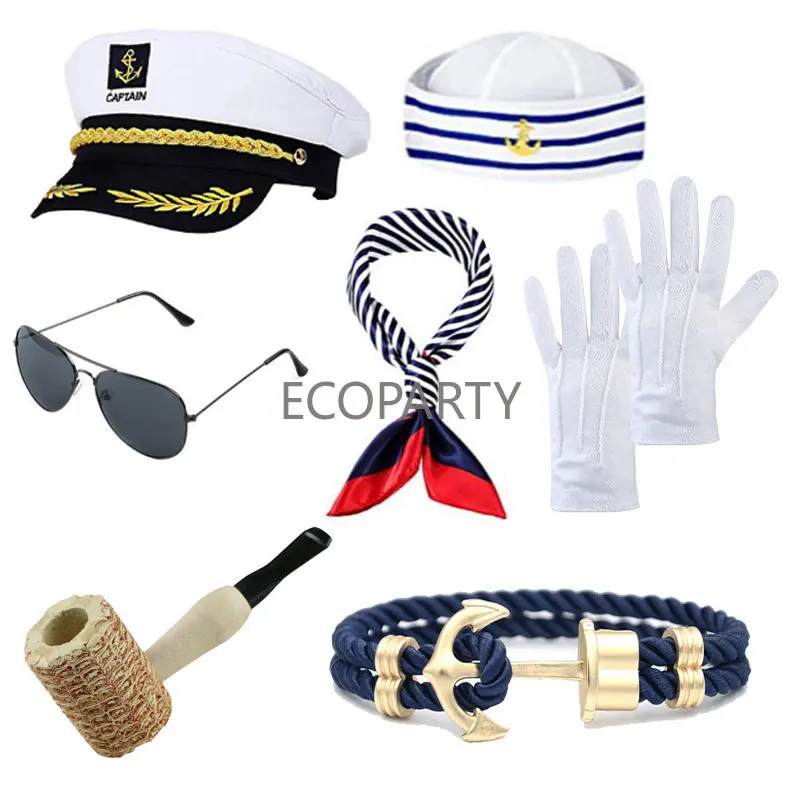 Set da marinaio blu Navy per adulti marinaio bianco cappello da capitano occhiali da sole sciarpa Set da 7 pezzi accessori per feste Cosplay a tema Yacht per uomo donna