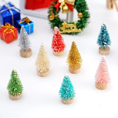 12pcs Mini Pine Tree Artificial Mini Trees with Wood Base Sisal Tree Bottle Brush Trees Winter Snow for Christmas Decoration