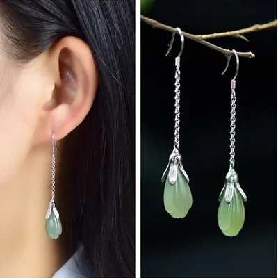 Romantic Long Jade Flower Bud Drop Earrings Female Jewelry Beautiful Earline Earrings Silver 925