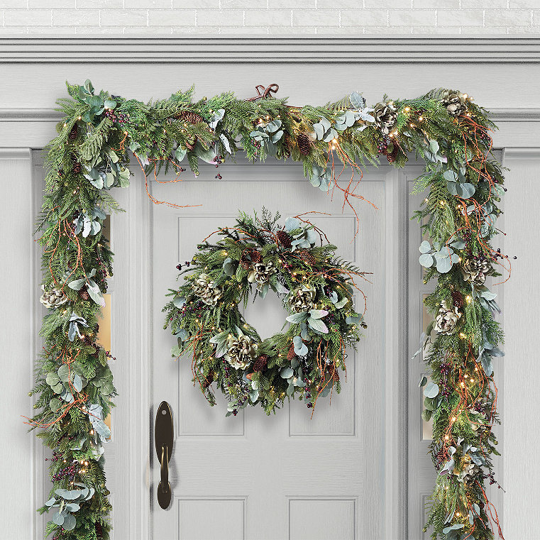 9 ft. Christmas Garland - Peony And Pine Cone Garland - Frontgate - Outdoor or Indoor Christmas Decorations