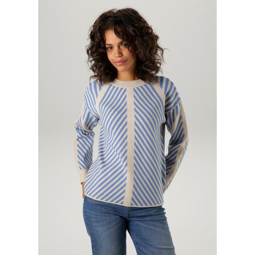 Strickpullover ANISTON CASUAL Gr. 36, blau (beige-blau) Damen Pullover im extravagantem Streifen-Dessin