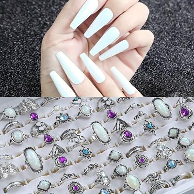 TEMU 30pcs/ Set Boho Vintage Ring Set + 24pcs Nail Tips Set With Large Rhinestone For Dailyand Formal Wear