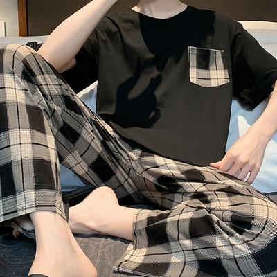 TEMU Men's 2 Pcs Elegant And Leisure Suit - Simple Plaid Pocket Short Sleeve & Plaid Trousers - Pajama Set For Daily Wearing