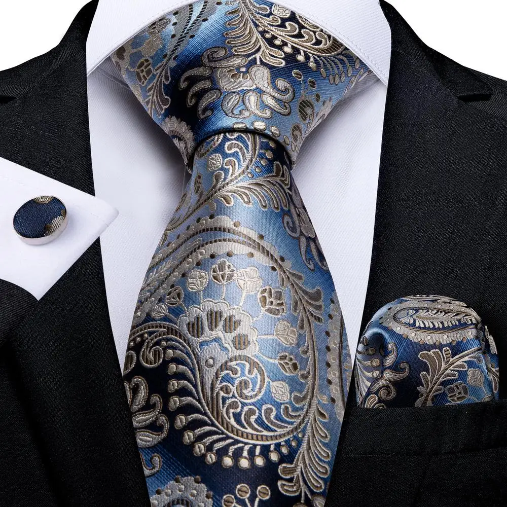 Blaue Champagnerfarbene Krawatte mit Paisley-Design für Herren, Handky Manschettenknöpfe, Geschenk, Herrenkrawatte, Mode, Business, Party, Dropship, Hi-Tie Image