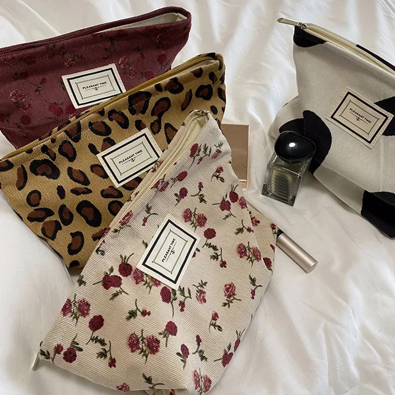 Sac à cosmétiques en velours côtelé pour femmes, sacs à main, bourse léopard et Plaid, organisateur de maquillage, sac de rangement de maquillage, trousse à crayons pour filles