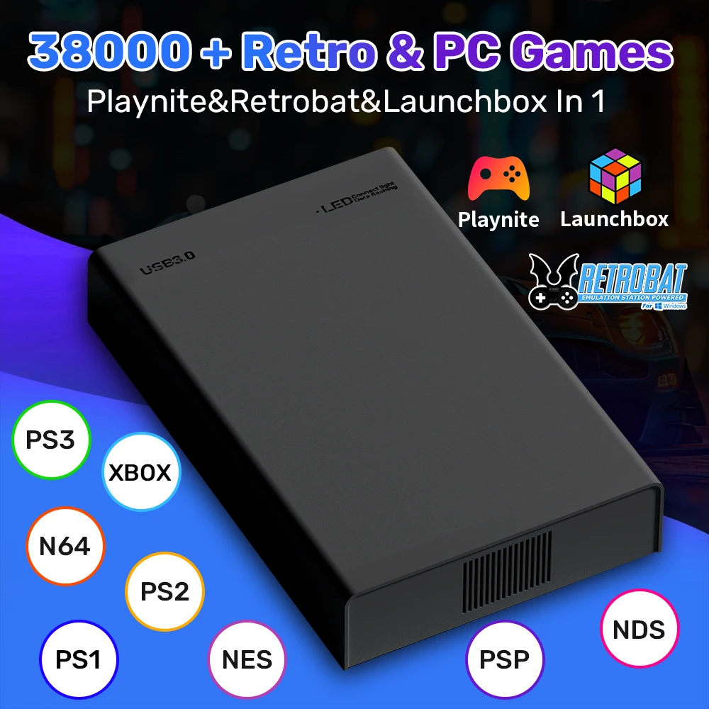 Consoles de jeux vidéo portables 500G, pour PS2/PS3/PS1/N64/Xbox/MAME/NDS/NES/PSP/DC/Wii, disque dur externe avec plus de 38000 jeux