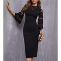 Damen schwarzes kleid Midikleid Gitter Patchwork Verabredung Elegant Brautkleider schlicht Rollkragen 3/4 Ärmel Ausgestellter Ärmel Schwarz Farbe