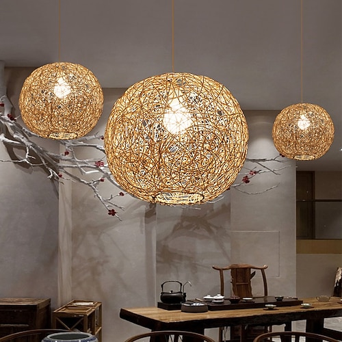 Kugelförmige Pendelleuchte aus Bambusgeflecht, bündig montierte Hängelampe aus Rattan, Lampenschirm aus Bambus, Kronleuchter aus natürlichem Rattan, Beleuchtungskörper zur Dekoration von Wohnzimmer Image