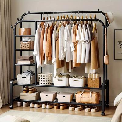 TEMU Heavy Duty Clothes Rail Sturdy Clothes Rack With Side Shelfs & Bottom Rack For Shoes And Clothes Storage, Double Clothes Rail Garment Coat Hanging Display Stand Shoes Rack With Wheels