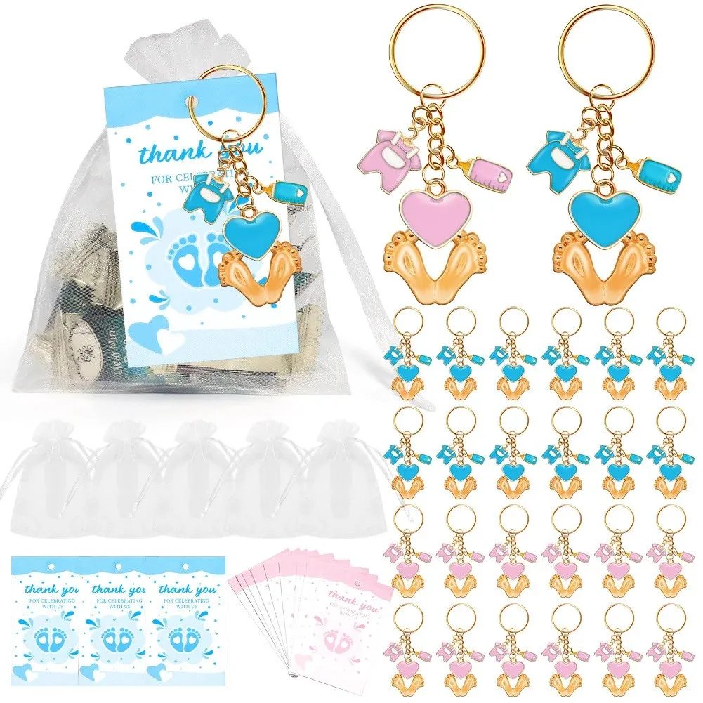 Baby party bevorzugungen für Jungen und Mädchen mit Fußabdruck Schlüssel anhänger Geschenke mit Flasche Baby kleidung weiße Organza-Taschen für Party bedarf Image