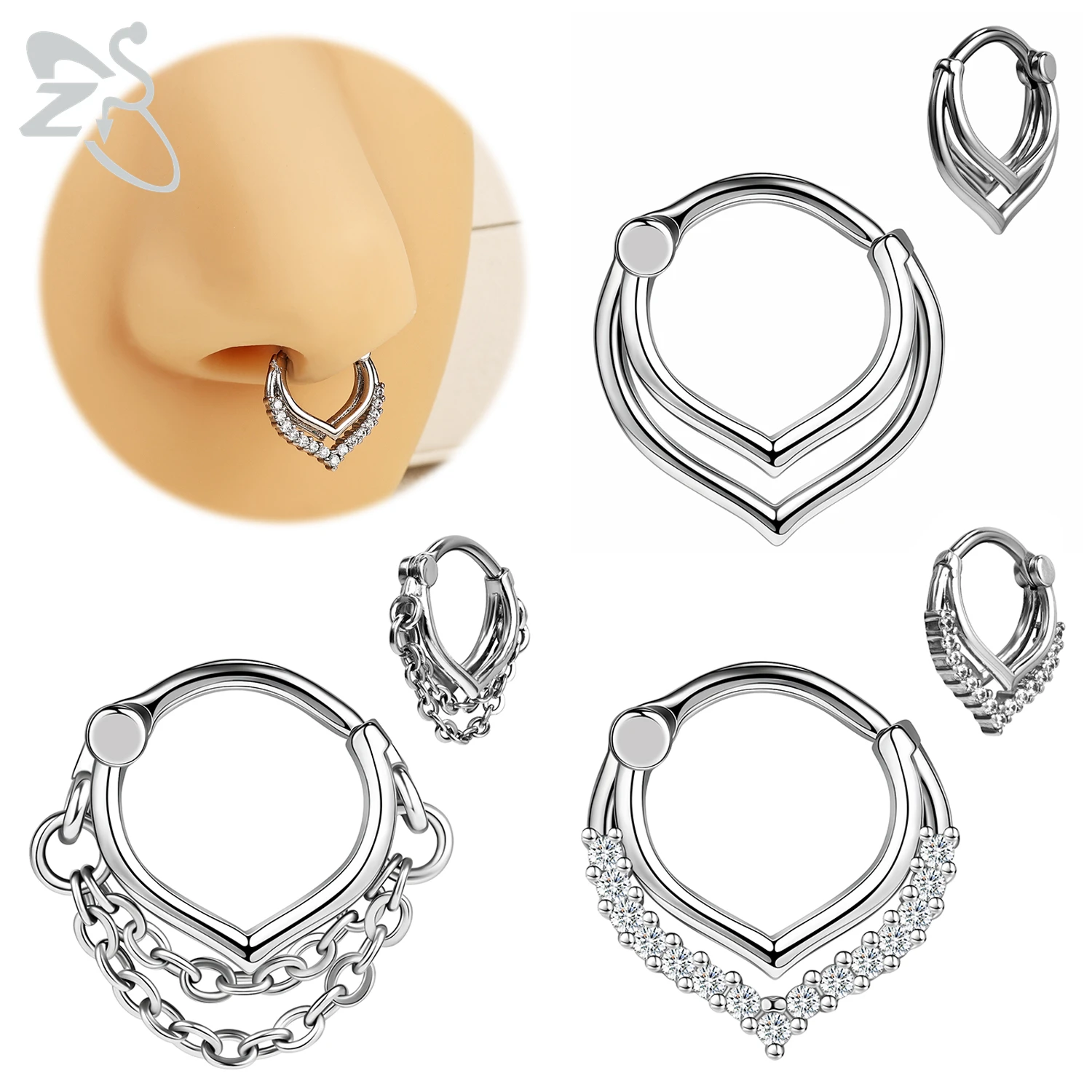 ZS 1 STÜCK Doppelschichten Edelstahl Nasenring Männer Frauen Kristall Septum Piercings Quaste Tropfen Knorpel Helix Piercing Schmuck Image