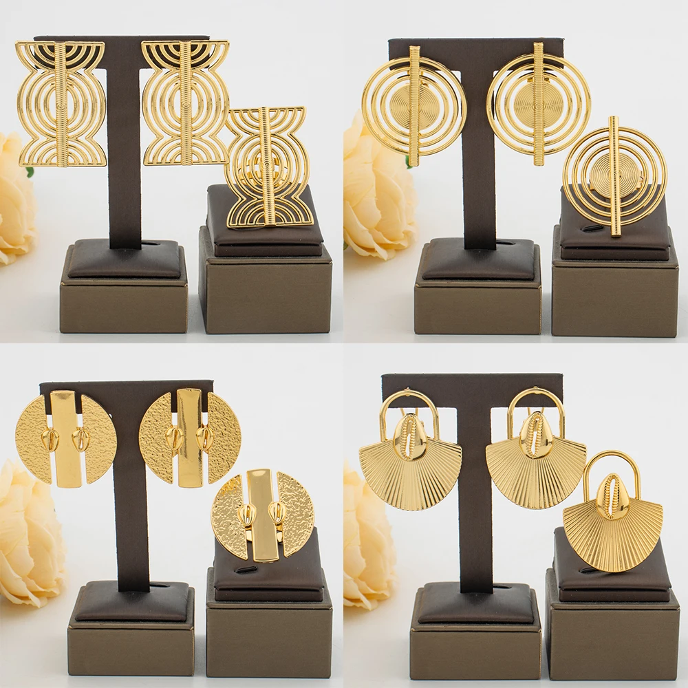 4sets Ohrringe mit Ring Luxus Dubai Afrikanische Gold Farbe Schmuck Sets für Frauen Hochzeiten Braut Party Geometrie Schmuck Zubehör Image