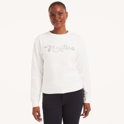 Nautica Women's Sequin Logo Sweatshirt Bright White, XXL