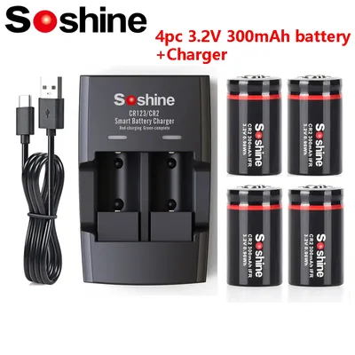 Soshine 3.2V 300mAh LiFePo4 Battery and Charger CR2 Rechargeable Battery for Rangefinders Telescopes Electric Toys Smoke Alarms