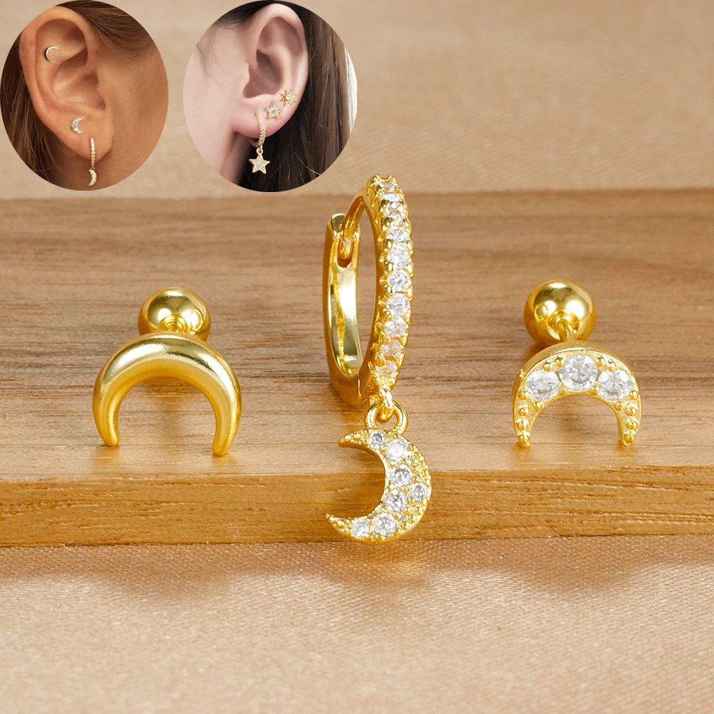 3 stücke Neue Gold Farbe Edelstahl Stern Mond Hoop Ohrringe Set für Frauen Punk Hip-Hop Anhänger Huggie Ohrring piercing Schmuck