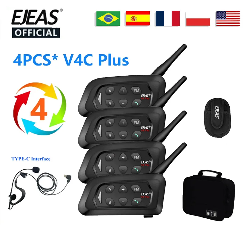 EJEAS 4PCS V4C PLUS 1500M Voll Duplex Bluetooth Kopfhörer Konferenz Sprechanlage + Handtasche Fußball Schiedsrichter Intercom Headset Image