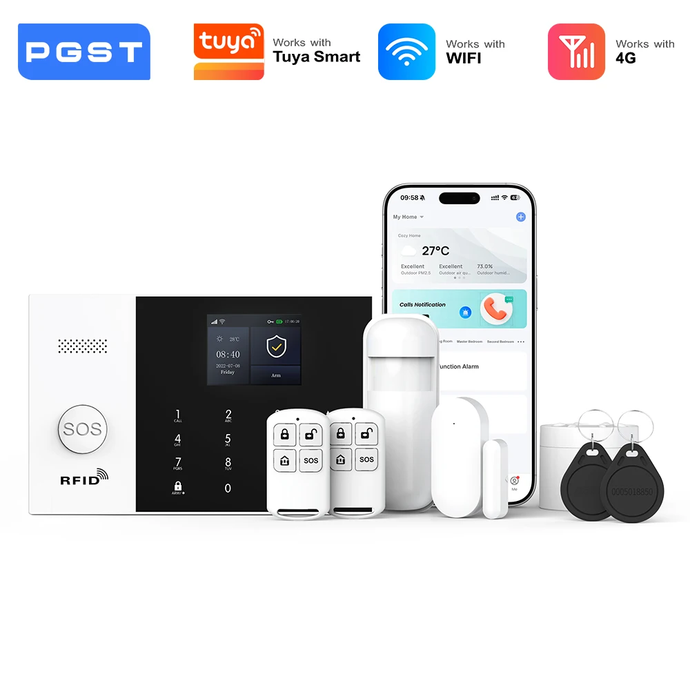 PGST Alarmanlage Einbruchschutz WiFi 4G Works with Tuya Smart Life kabelloses Sicherheits Set für Zuhause Gewerbe Tür Fenster Sensoren Fernüberwachung per Smartphone