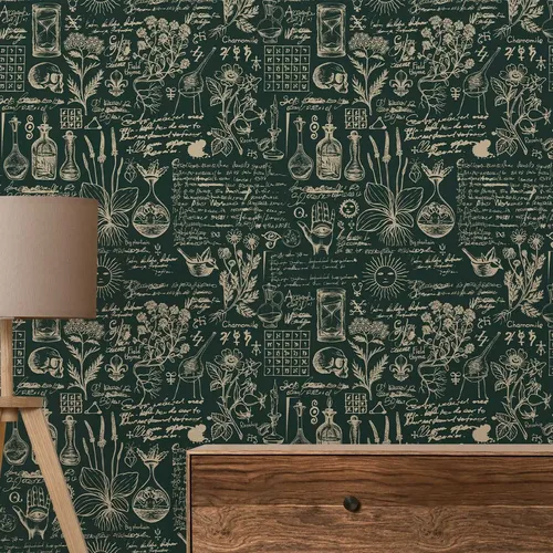 Papier Peint Vert à Base de Plantes et Médecine, Design Beige, Style Rétro, Décoration Artistique