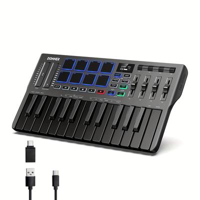 TEMU Donner Dmk25 Pro Midi Keyboard Controller, 25 Mini Key Portable Usb-c Midi Keyboard With 8 Drum Pads, Oled Display, Personalized , Music Software And 40 Free Courses