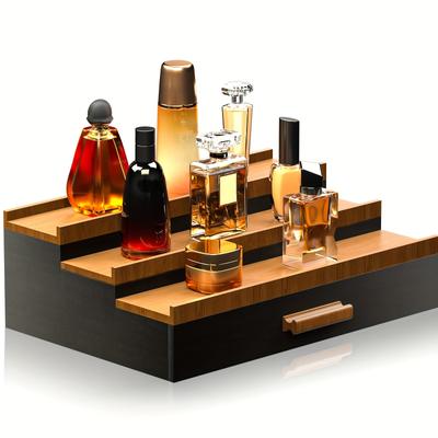 TEMU Black Wooden Cologne Organizer For Men - 3-tier Elevated Display Shelf With Drawer, Perfume Storage Riser, Ideal Gift