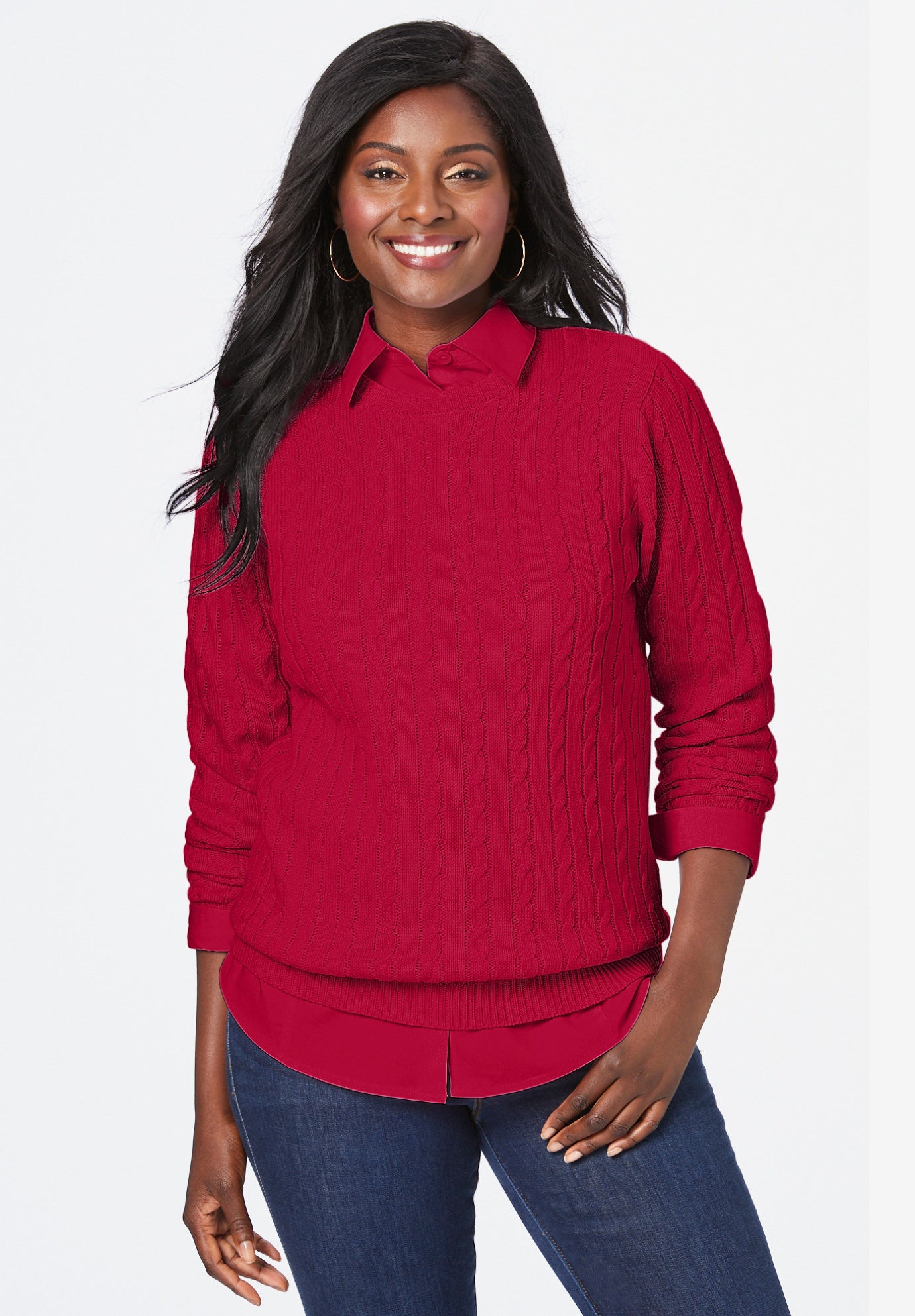 Plus Size Women's Cable Crewneck Sweater by Jessica London in Classic Red (Size S)