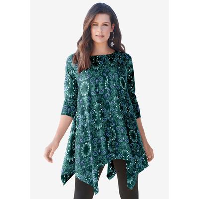 Plus Size Women's Ultimate Handkerchief Hem Tunic by Roaman's in Black Wildflowers (Size 6X) Long Shirt